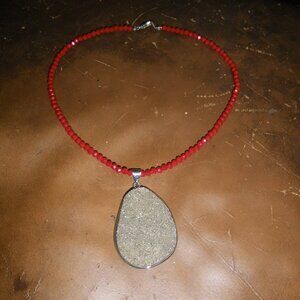 Women's BoHo Style Red Stone Beaded Necklace w/ Large Stone Statement Pendant
